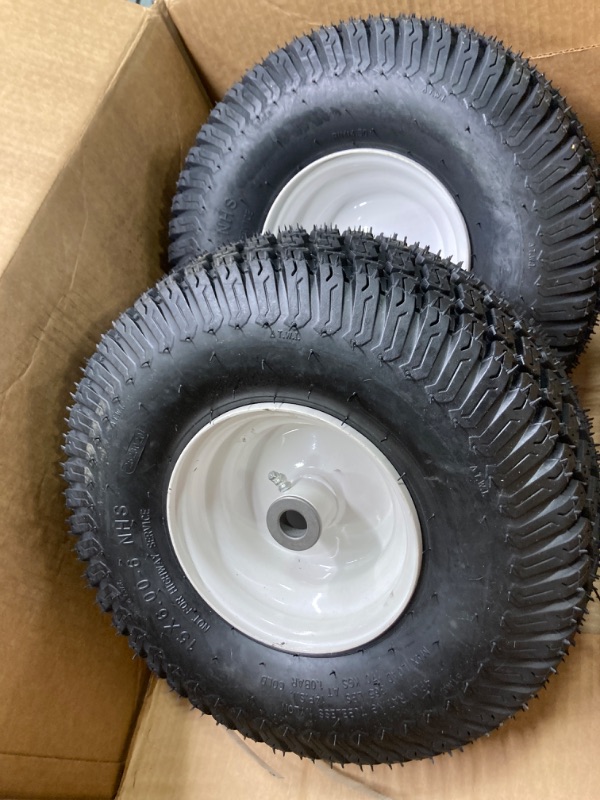 Photo 3 of 15x6.00-6 Lawn Mower Tires with Rim, Natural Rubber Turf Tire for John Deere 100 300 Series Riding Mowers | 4 Ply Tubeless | 3" Offset | Bore ID 3/4" | 570 Pounds Capacity 2PCS