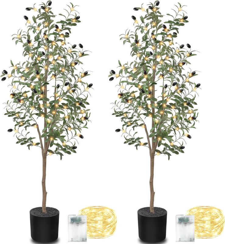 Photo 1 of [ 2 Pack & Timer ] 7FT Lighted Olive Tree with Warm White LED Lights 1104 Lifelike Olive Leaves 60 Fruits Battery Operated Tall Fake Potted Tree Plants for Indoor Outdoor Home Wedding Holiday Decor