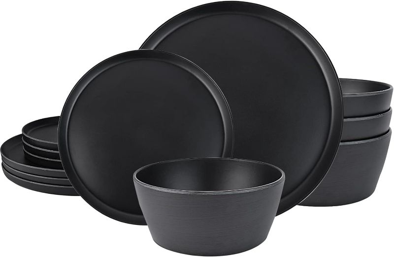 Photo 1 of afcevnlb 12-Piece Plastic Dinnerware Set Plates and Bowls Sets Service for 4 Matte Black Melamine Plates Unbreakable Plastic Outdoor Camping Dishes Decor Dishwasher Safe