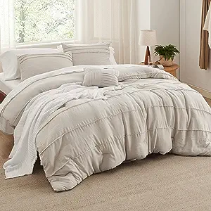 Photo 1 of Bedsure Beige King Size Comforter Set - 4 Pieces Pinch Pleat Bed Set, Down Alternative Bedding Sets for All Season, Includes 1 Comforter, 2 Pillowcases, and 1 Decorative Pillow King Beige