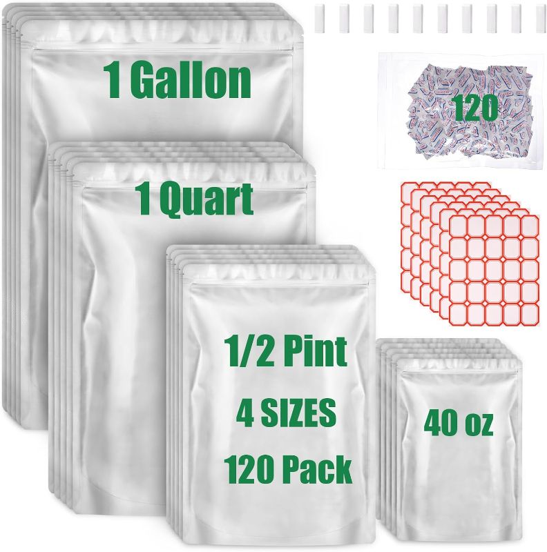 Photo 1 of 120 Mylar Bags for Food Storage with Oxygen Absorbers 120 x 300cc, Mylar Bags 9 Mil 1 Gallon, 1 Quart, 1/2 Pint, 40 Oz, Stand-Up Zipper Resealable Bags & Heat Sealable Food Storage Bags + Labels