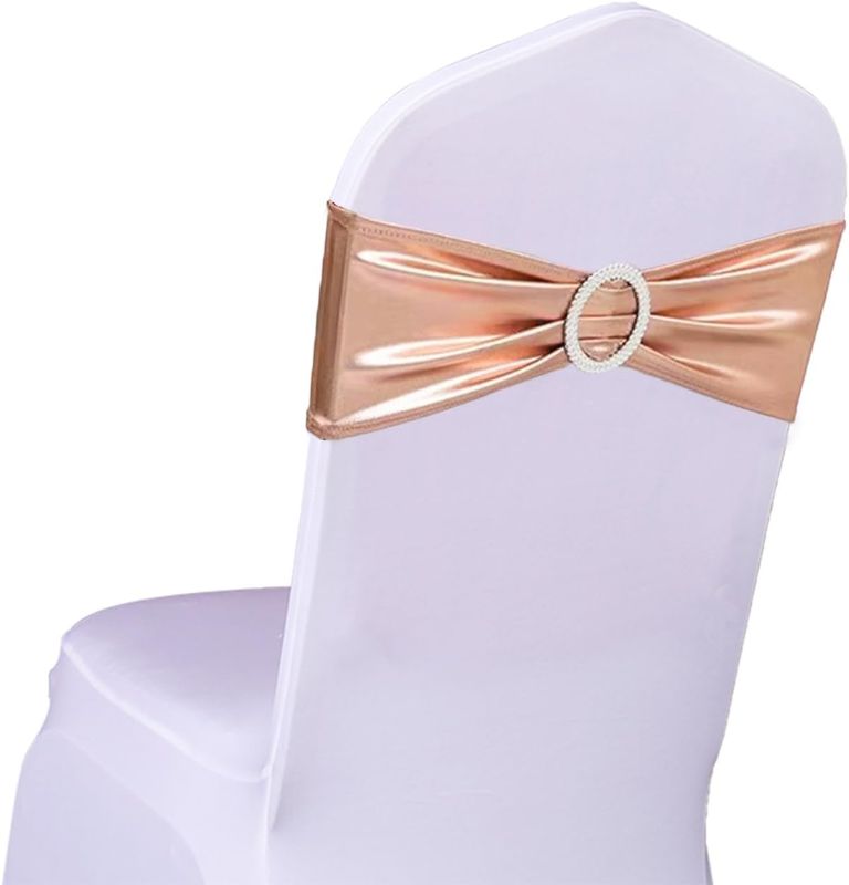 Photo 1 of 100PCS Stretch Wedding Rose Gold Chair Sashes with Buckle Slider Sashes Bow Decorations 25 Colors (Rose Gold, Pink Gold)
