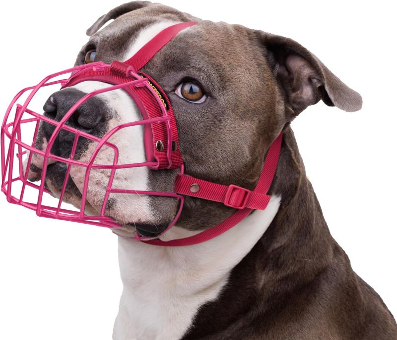 Photo 1 of  Dog Muzzle Breathable Metal Basket for Large Dogs Amstaff Staffordshire Terrier Biting Chewing Barking  (Pink)