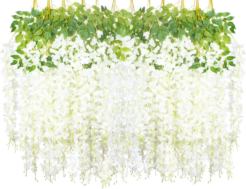 Photo 1 of 24 Pack Artificial Fake Wisteria Vine Ratta (3.75 Feet) Hanging Garland Silk Flowers String Home Party Wedding Decor (White)