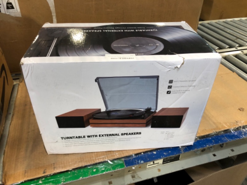 Photo 1 of Record Player for Vinyl with External Speakers, Belt-Drive Turntable with Dual Stereo Speakers Vintage Vinyl LP Player Support 3 Speed Wireless AUX Headphone Input Auto Stop Wood Walnut Red