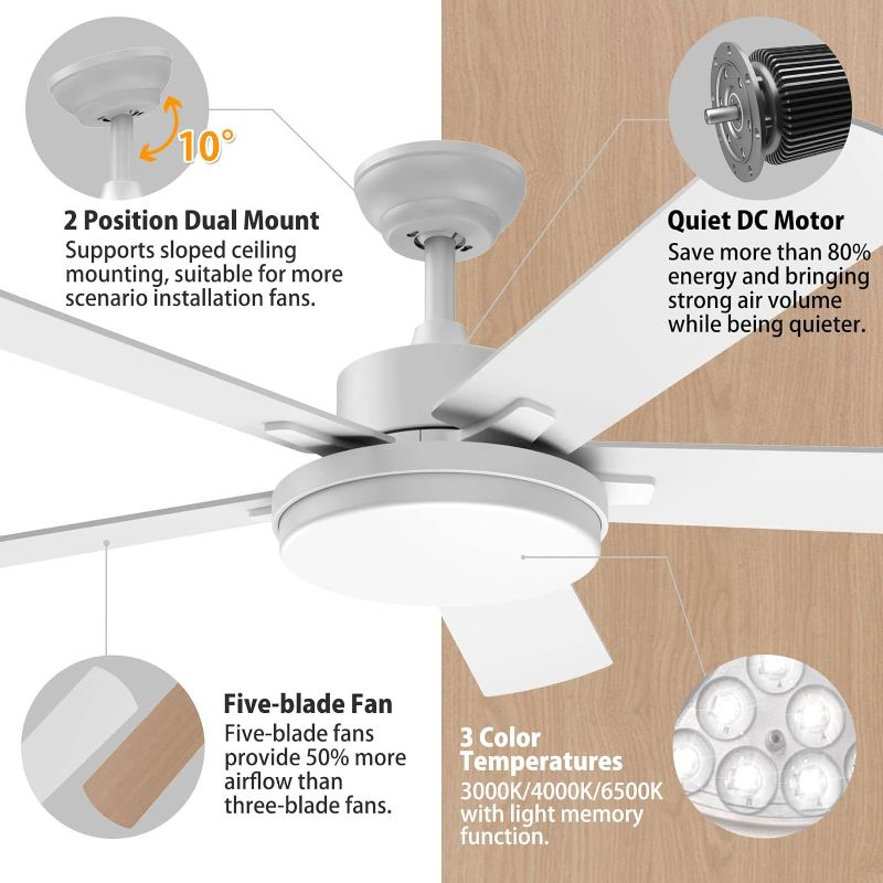 Photo 2 of 52 Inch Modern Ceiling Fan with Light and Remote Control, White, Dimmable, Adjustable Color Temperature, Timer, Reversible DC Motors, Easy Installation
