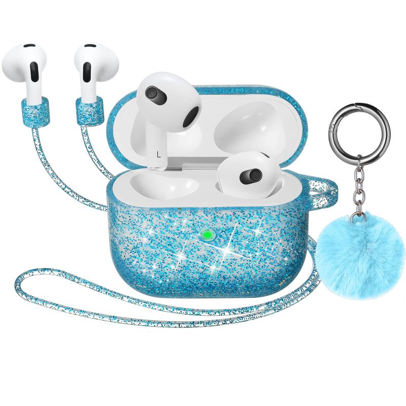 Photo 1 of 2 PACK**AIRPODS 3 CASE, DMMG AIRPODS 3 CASE COVER SILICONE SKIN FOR GIRLS WOMEN,AIRPODS PROTECTIVE CUTE BLING GLITTER CASE WITH FLUFF BALL KEYCHAIN,SCRATCH PROOF FOR AIRPOD 3RD GENERATION (GREEN)
