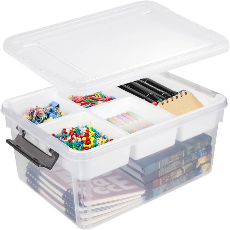 Photo 1 of 17 QT Plastic Storage Bin with Lid, Clear Organizing Container with Removable Tray, Multipurpose Stackable Storage Box for Home, Office and School Supplies
