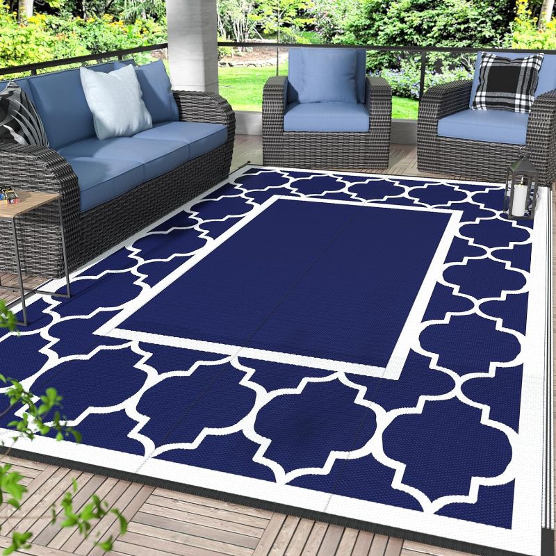 Photo 1 of  Outdoor Rug Waterproof for Patio Decor, Foldable Reversible Plastic Straw Area Rugs Mat for Camper, Outside Carpet for Rv, Deck, Porch, Picnic, Beach, Balcony, Blue & White