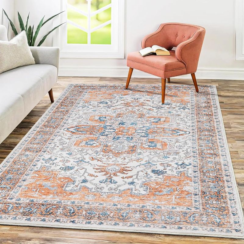 Photo 1 of  Washable Boho Area Rug - Non Slip, Foldable Indoor Carpet for Living Room, Bedroom, Kitchen - Tangerine/Multi Color, Easy to Clean, Durable and Stylish
