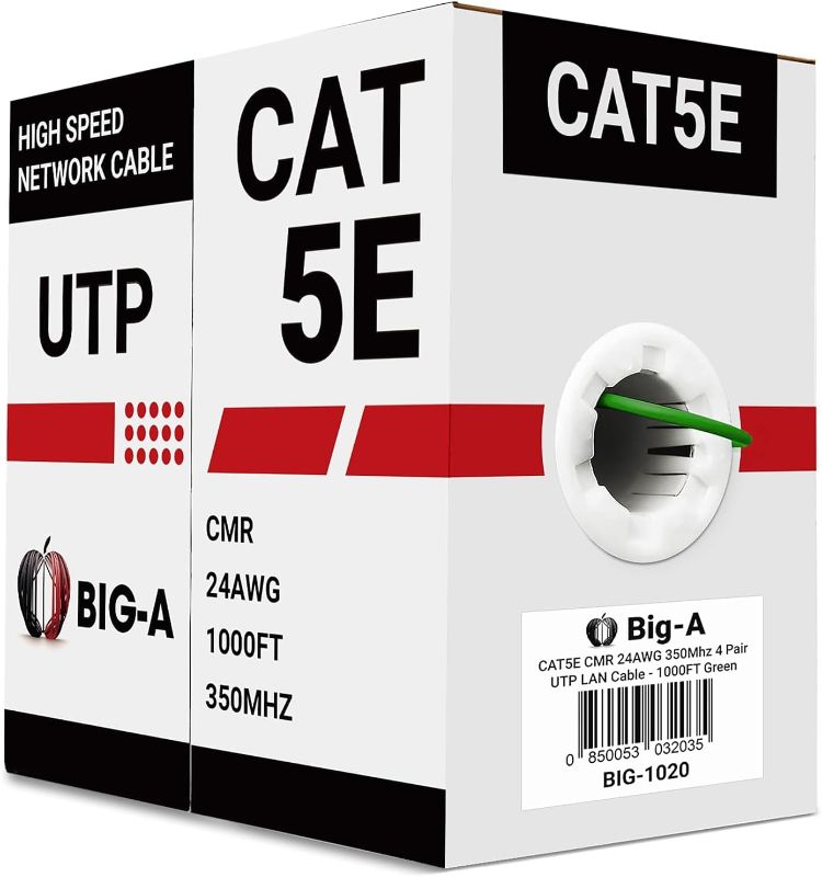 Photo 1 of Bulk Cat5e Cable 1000ft 24AWG Solid 4 Pair Cat5e Ethernet Cable, Unshielded Twisted Pair UTP 350MHz Internet Cable, Pull Box - Green