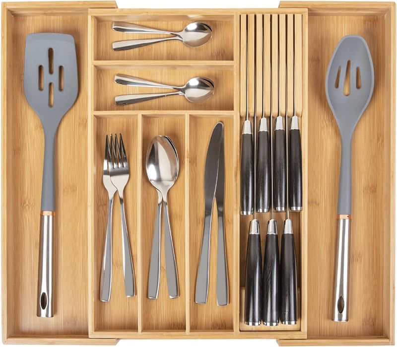 Photo 1 of Bamboo-Silverware-Drawer-Organizer-Kitchen, Expandable Utensil Holder Cutlery Tray Flatware Organization Adjustable Wood Tableware Dividers Storage (with Removable Knife Block)(Natural)