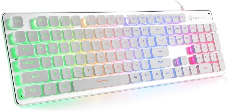 Photo 1 of ***BLUE AND PURPLE KEYS***
LANGTU Membrane Gaming Keyboard, Rainbow LED Backlit Quiet Keyboard for Office, USB Wired All-Metal Panel 25 Keys Anti-ghosting Computer Keyboard 104 Keys - L1 White/Silver…
