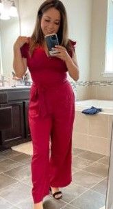 Photo 1 of ** RED** WDIRARA Women's Layered Ruffle Cap Sleeve Notched V Neck Belted Jumpsuit Pants
