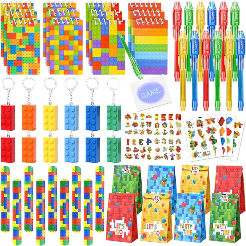 Photo 1 of 72PCS Building Block Birthday Party Favors Supplies Invisible Ink Pen Notebook Slap Bracelet Keychain Sticker Goodie Bag Stuffer Kids Boys Toys Gifts Christmas Carnival Classroom Prize