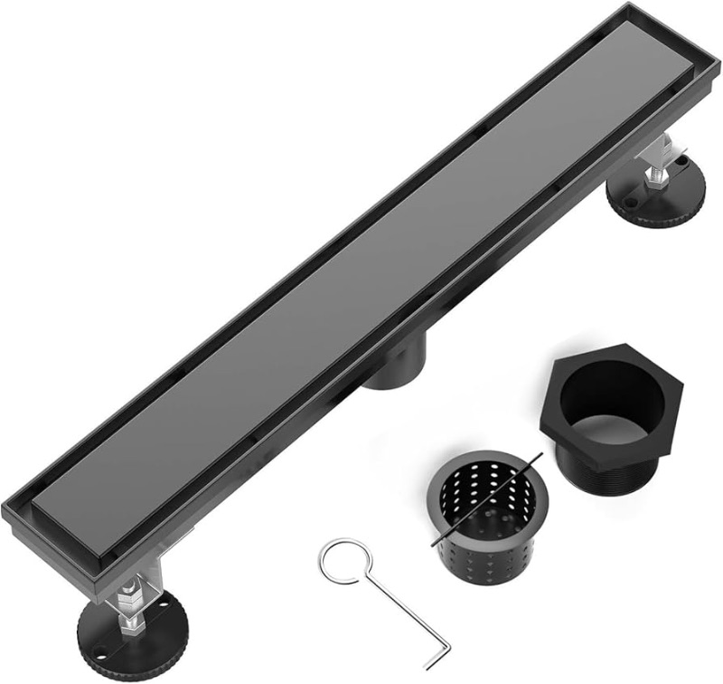 Photo 1 of 24 inch linear shower drain with 2 in 1 flat and tile insert cover black brushed 304 stainless steel rectangle shower floor drain adjustable matte black 24 inch