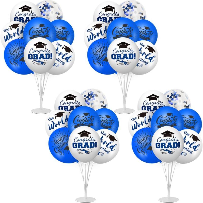 Photo 1 of 4 Set Graduation Balloon Stand Kits Table Balloon Holder with Congrats Grad Latex Balloons Class of 2024 Balloon Centerpiece for Graduation Party Supplies Decoration Celebration Blue/ white)