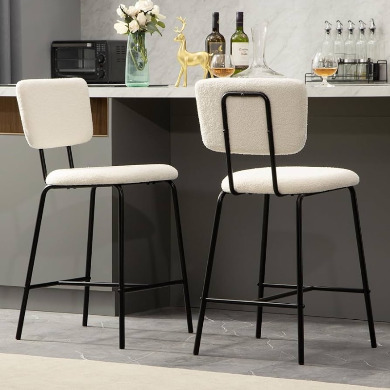 Photo 1 of ***SOLD AS PARTS//ALL SALES FINAL*** 
Barstools Set of 2 Counter Height Bar Stools : Modern White Upholstered Boucle Fabric Bar Stool for Kitchen Bistro Pub Armless Bar Chair with Metal Base for Dining Room Counter Island