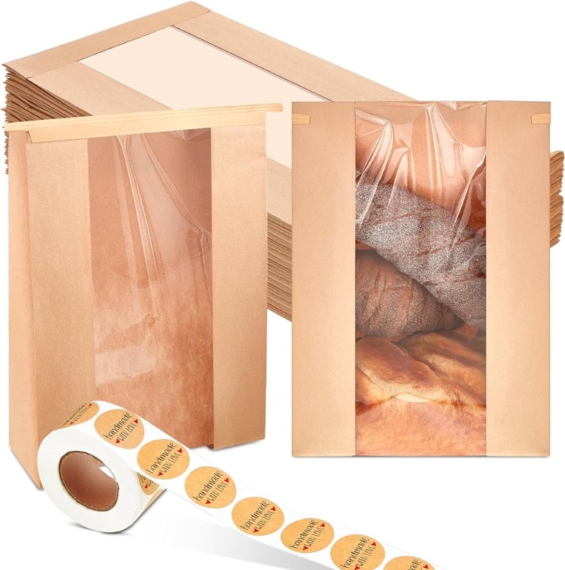 Photo 1 of 300 Pcs Large Kraft Paper Bakery Bags with Window Bread Loaf Bags Tin Tie Tab Lock Cookie Bags Bread Bags for Homemade Bread with 500 Pcs Label Seal Stickers for Coffee, 8.3 x 13.8 x 3.1 in