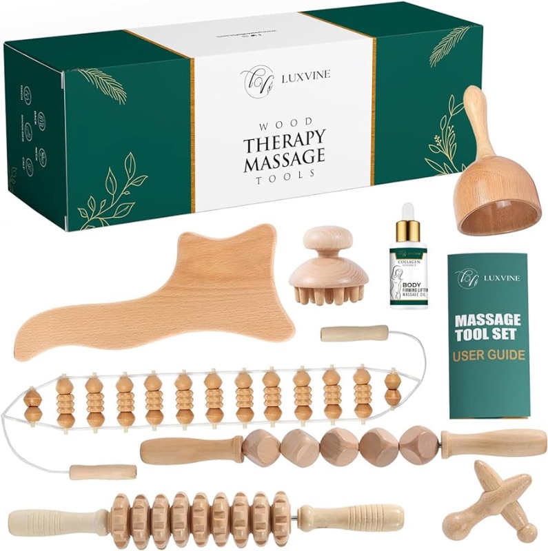 Photo 1 of 8-in-1 Wood Therapy Massage Tools for Body Sculpting with Bonus Massage Oil - Maderoterapia Kit, Wooden Lymphatic Drainage Body Contouring Tools, Rollers for Belly Fat, Cellulite