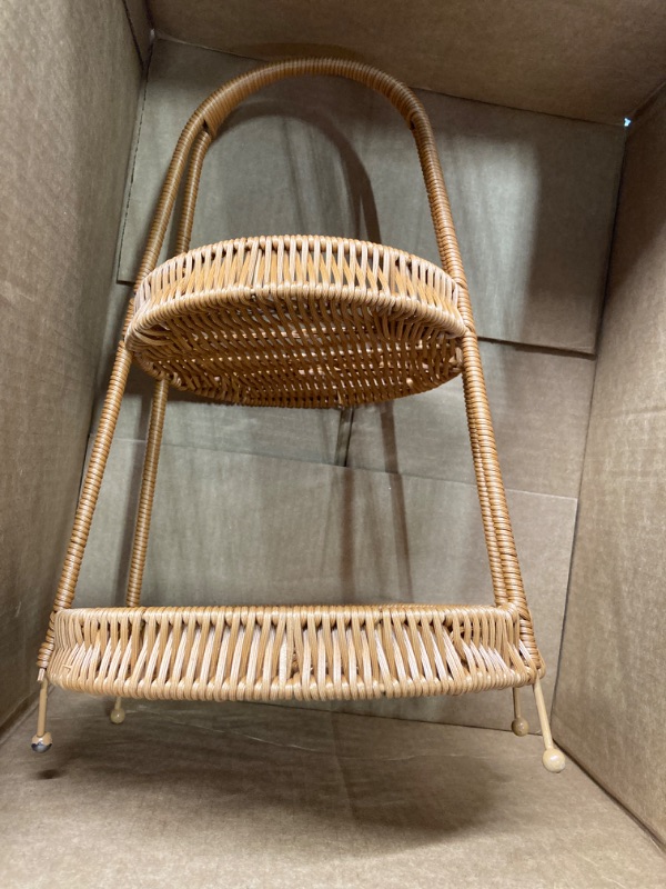 Photo 2 of "MINOR DAMAGE" Kichvoe Handwoven Wicker Serving Baskets with Stand 2-tier Rattan Serving Tray Fruit Vegetable Storage Onions Bread Basket Cupcake Dessert Holder for Party Treats 39x19cm Brown 2