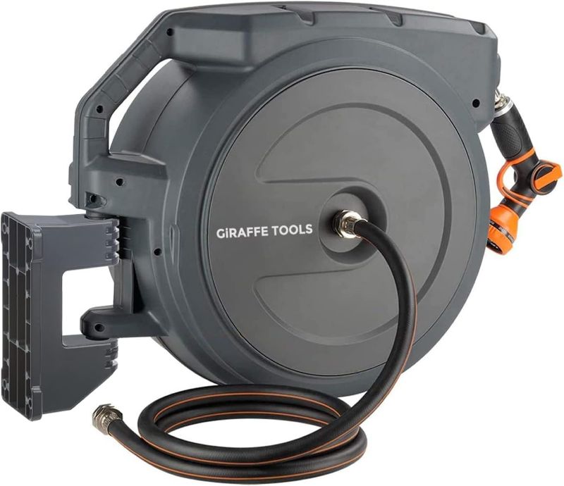 Photo 1 of "LIKE NEW"
Giraffe Tools AW405/8MB Retractable Garden Hose Reel 5/8" x 90 ft PRO Metal Bracket, Heavy Duty, Any Length Lock Hose Reel, 90ft, Dark Grey