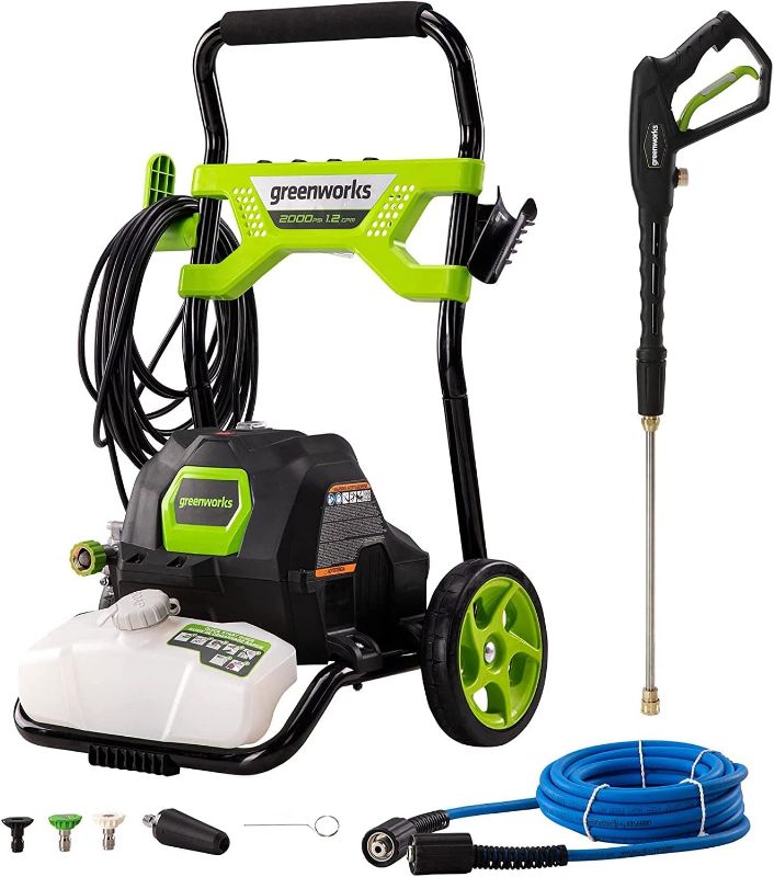 Photo 1 of Greenworks 2000 PSI 1.2 GPM Pressure Washer (Open Frame GPW2003) GPW2003 & 12" (in.) Surface Cleaner Pressure Washer Attachment