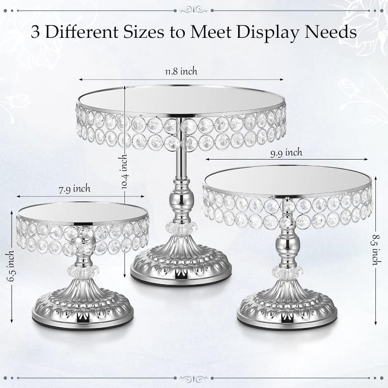 Photo 1 of ****USED** Set of 3 Silver Cake Stands Round Metal Party Cake Stand Set with Crystal Edge Dessert Display Plate Cupcake Holder Stands for Wedding Party Birthday Baby Shower Anniversaries Celebration Home Decor