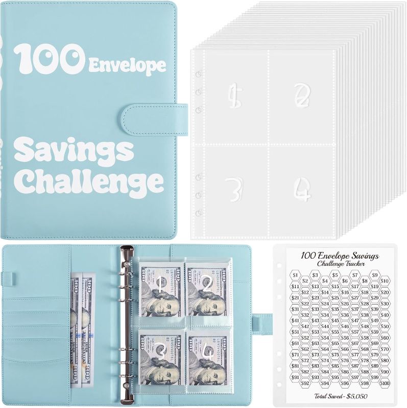 Photo 1 of 100 Envelopes Money Saving Challenge Binder,Savings Challenges Budget Book Kit,Easy and Fun Way to Save 5050,A5 Binder Cash Envelopes for Budgeting (fluorescent)