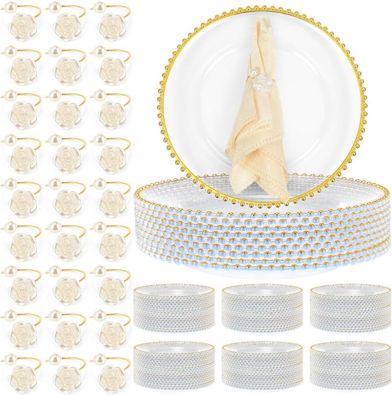 Photo 1 of ****USED** Tioncy 100 Pcs Clear Charger Plates Bulk Beaded Charger Plates and Napkin Rings 13 Inch Plastic Round Chargers for Dinner Plates Wedding Party Event Table Decoration(Gold)