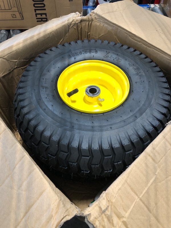 Photo 3 of (2 Pack) AR-PRO Exact Replacement 15" x 6.00-6" Front Tire and Wheel Assemblies for John Deere Riding Mowers - Compatible with John Deere 100 and D100 Series - 3” Centered Hub and 3/4” Bushings 15 x 6.00-6" Yellow