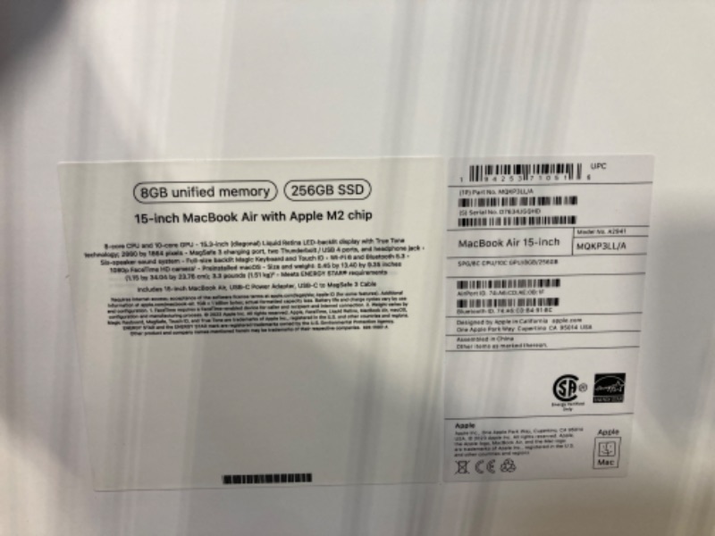 Photo 3 of ***FACTORY SEAL ONLY OPEN FOR VERIFICATION**
Apple 2023 MacBook Air Laptop with M2 chip: 15.3-inch Liquid Retina Display, 8GB Unified Memory, 256GB SSD Storage, 1080p FaceTime HD Camera, Touch ID. Works with iPhone/iPad; Space Gray 8GB RAM 256GB Space Gra