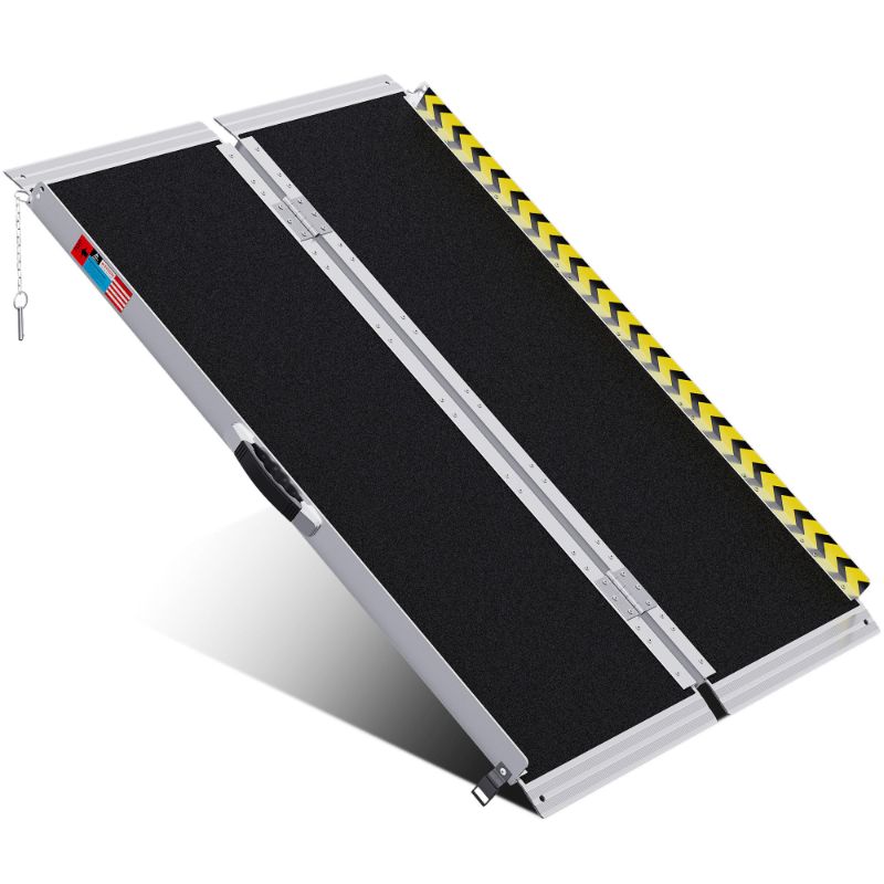 Photo 1 of ***ONE SIDE MISSING*** PORTABLE WHEELCHAIR RAMP 4FT, ANTI-SLIP ALUMINUM FOLDING PORTABLE RAMP, WHEELCHAIR RAMPS FOR HOME, WEIGHT CAPACITY UP TO 600 LBS, WITH TRANSITION PLATES ABOVE AND BELOW SILVER 4FT USING HEIGHT 4-12"
