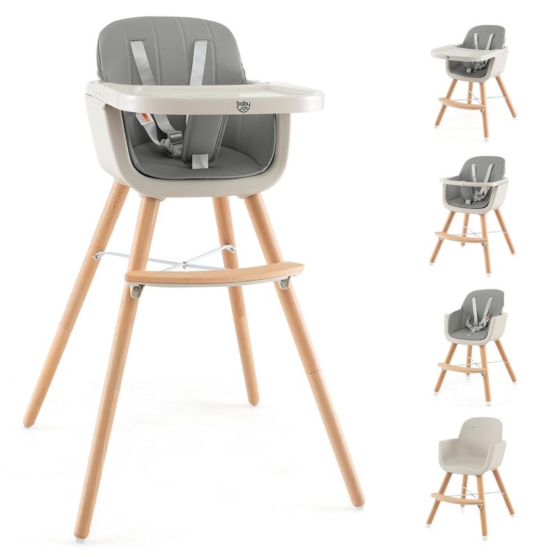 Photo 1 of ***STOCK PHOTO SIMILAR ITEM*** Convertible Baby High Chair, 3 in 1 Wooden Highchair/Booster/Chair with Removable Tray, Adjustable Legs, 5-Point Harness, PU Cushion and Footrest for Baby, Infants, Toddlers (Gray)