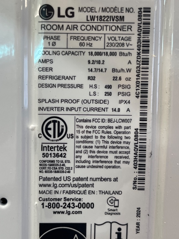 LG 18,000 BTU DUAL Inverter Smart Window Air Conditioner, 230V, Cools 1,000 Sq. Ft. for Bedroom