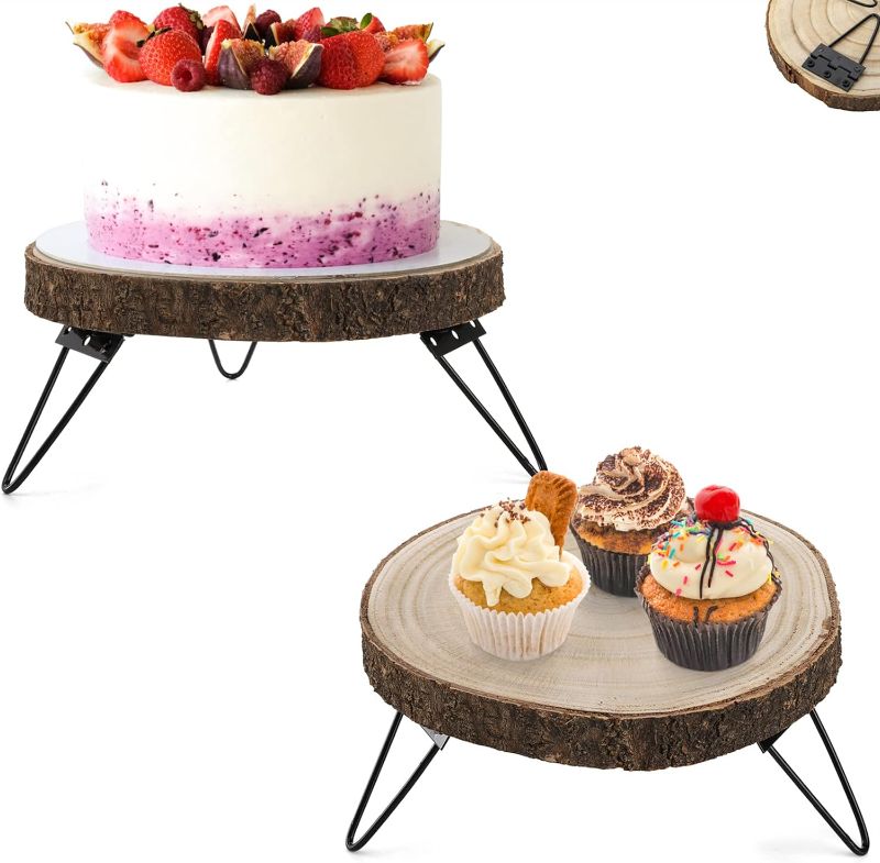 Photo 1 of 2 Pack 10" Wood Cake Stand, Wooden Cupcake Pedestal, Paulownia Wood Slice Stand with Hairpin Metal