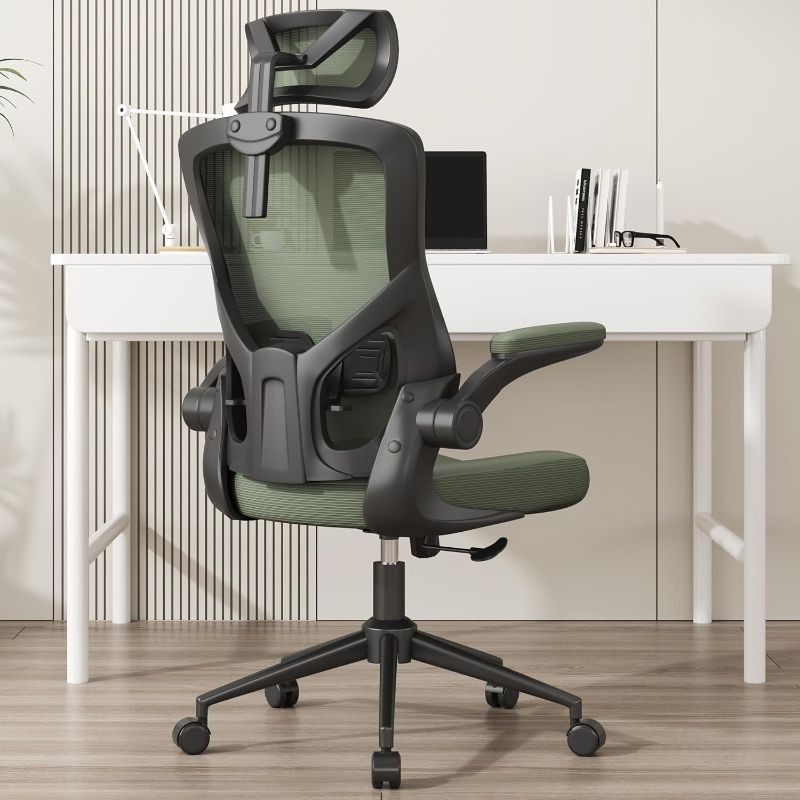 Photo 1 of ??? ?????? ?????, Ergonomic Mesh Desk Chair, High Back Computer Chair- Adjustable Headrest with Flip-Up Arms, Lumbar Support, Swivel Executive Task Chair (Hunter Green, Modern