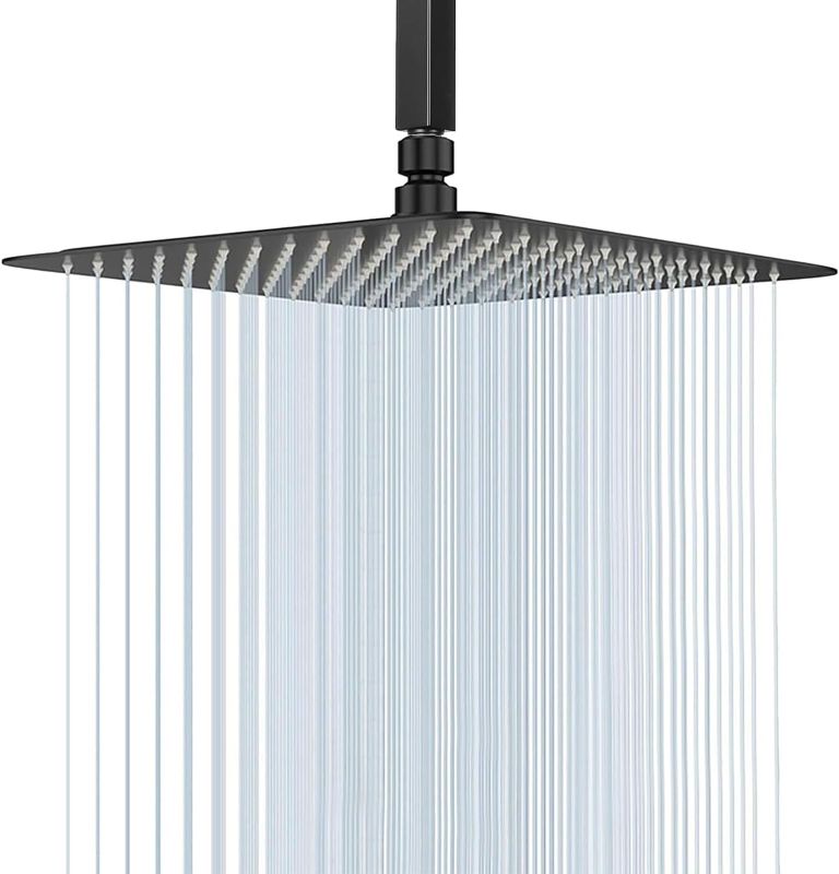 Photo 1 of 20 Inch Large Rainfall Shower Head High Pressure Square Stainless Steel Ceiling Rain Showerhead with Silicone Nozzle, Waterfall Full Body Coverage, Ultra Thin Water Saving, Black