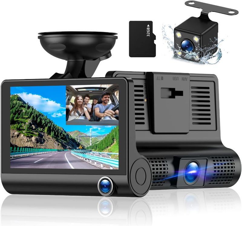 Photo 1 of 3 Channel Dash Cam Front and Rear Inside, 1080p 4 Inches 170° Wide Angle Dashcam, Dash Camera for Cars with 32GB Card, Super Night Vision, Loop Recording, G-Sensor, Motion Detection, Parking Mode