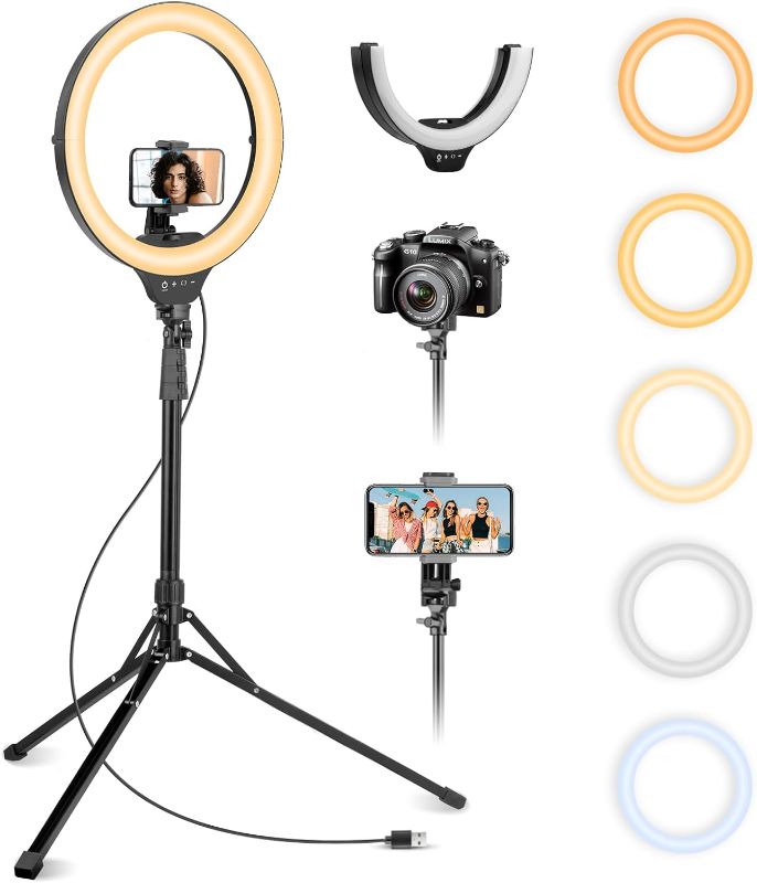 Photo 1 of ***USED** Aureday 14'' Selfie Ring Light with 62'' Tripod Stand and Phone Holder, Dimmable LED Phone Ringlight for Makeup/Video Recording/Photography, Circle Lighting for All Cell Phones&Lightweight Cameras
