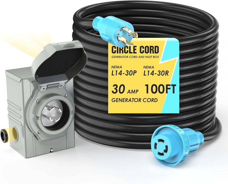 Photo 1 of *****USED*** Circle Cord 4 Prong 100 Feet 30 Amp Generator Extension Cord and Inlet Box with Locking Connector, Heavy Duty NEMA L14-30P/L14-30R, 125/250V 7500W 10 Gauge SJTW Generator to House Power Cord
