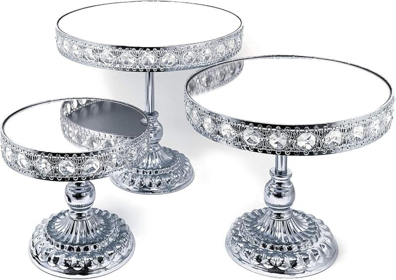 Photo 1 of 3 Piece Set Crystal Silver Chrome Plated Cheese Dessert Cupcake Cake Stand with Mirror Plate-Silver Round with Bases