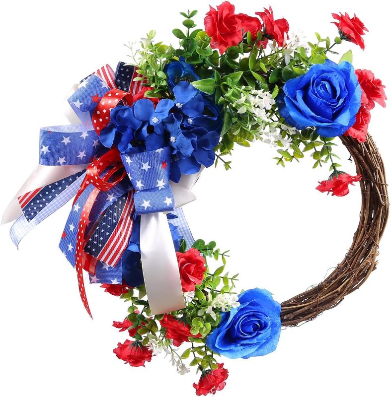 Photo 1 of 4th of July Wreaths, Independence Day Wreaths for Front Door Patriotic Artificial Flower/Berry Wreath with Green Leaves Wreath Home Decor (Multi-Color 1, 12 inches )