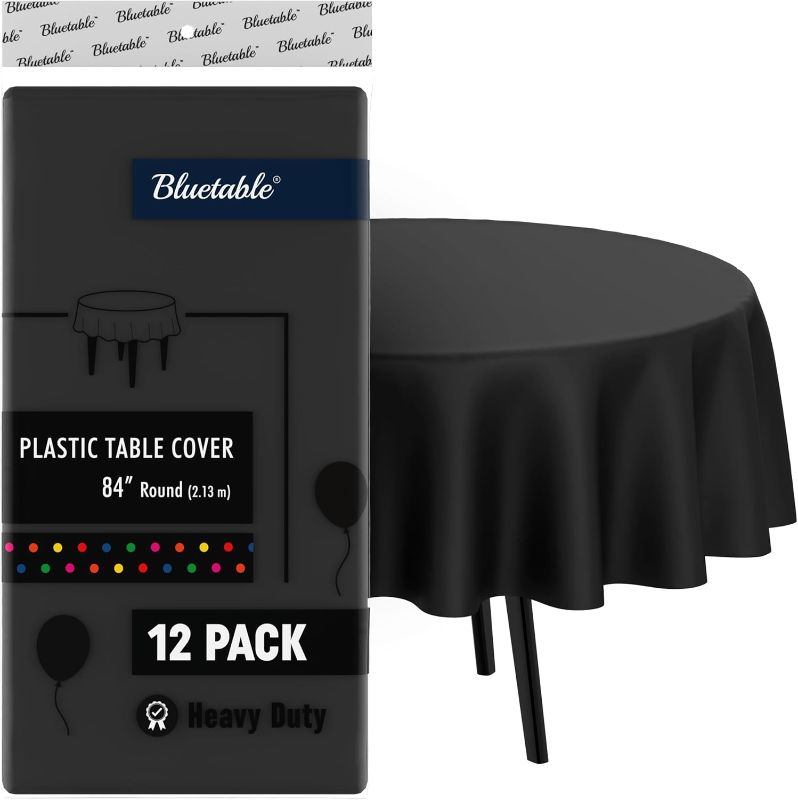 Photo 1 of ****USED*** Round Black Tablecloths Plastic Disposable (12 Pack) Bulk Table Cloth (84” Inches) 4, 5, or 6 Foot Round Tables (Manteles para Fiestas) Christmas Parties Halloween Party Tablecloth [12 Pack]
