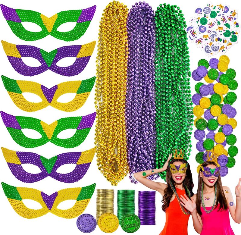 Photo 1 of ****USED** MGparty 168 PCS Mardi Gras Accessories Set - Mardi Gras Beads Mask Necklaces Coins Tattoos, Mardi Gras Parade Masquerade Party Decorations Supplies
