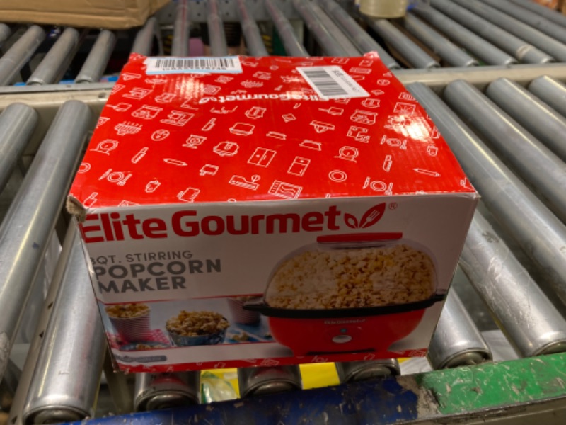 Photo 1 of Elite Gourmet EPM330R Automatic Stirring 12-cup Popcorn Maker Popper, Hot Oil Popcorn Machine w/Measuring Cap & Built-in Reversible Serving Bowl, Great for Home Party Kids, Safety ETL Approved, Red 3-Quart Red