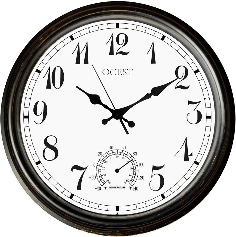 Photo 1 of ****USED*** OCEST 16 Inch Retro Outdoor Indoor Clock, Waterproof Wall Clock with Thermometer, Non-Ticking Battery Operated Wall Clock for Bathroom/Kitchen/Bedroom