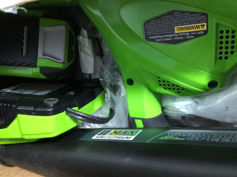 Photo 4 of *****USED*FOR PARTS ONLY***SOLD AS IS ***ALL SALES ARE FINAL*** ** Greenworks 40V (150 MPH / 130 CFM / 75+ Compatible Tools) Cordless Leaf Blower, Tool Only, Green Sweeper (Tool Only)