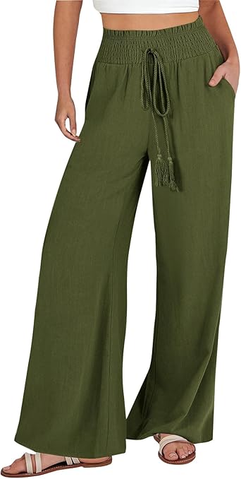 Photo 1 of  SMALLPalazzo Pants for Women Wide Leg High Waist Linen Trousers Stretchy Fall Casual Loose Comfy Pant with Pockets