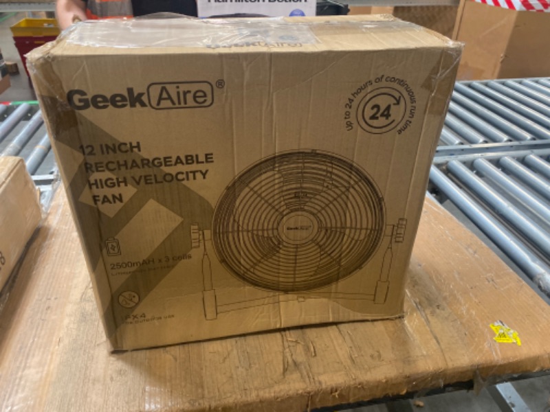 Photo 2 of ****USED**POWERS ON BUT WANT SPEND***FOR PARTS ONLY****SOLD AS IS NO RETURNS*** Geek Aire 12" Portable Battery Operated Fan with Metal Blade, 360 Vertical Tilt, 20h Run Time Cordless Fan for Camping Travel Tent Hurricane Home